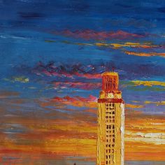 a painting of a tall building in the middle of an orange and blue sky at sunset