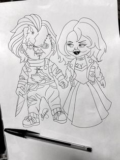 a drawing of two children holding hands, one is wearing a costume and the other has a