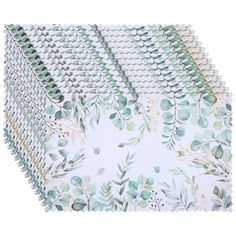 green leaves on white paper with gold trimmings and foiled edges, set of four