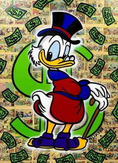 an image of donald the duck on top of dollar bills in front of a green and white background