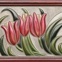 a painting of pink flowers with green leaves on the bottom and one flower in the middle