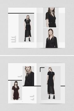 two pages showing different styles of clothing and accessories, one in black and the other in white