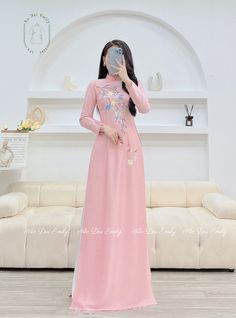 🌻Material: Lụa vân gỗ Stretchy level: 2/10 🌻 The measurement of this ao dai (long dress) is in Vietnamese size (American size tends to be bigger for the same size). Please LOOK AT THE SIZE CHART CAREFULLY BEFORE ORDERING. There might have some chalk writings on the fabric due to making process. These marks can be washed away easily. 🌻🌻No returns or exchanges Buyer can contact seller about any issues with an order. 💜 Thank you very much!💜 Pink Ao Dai With Floral Embroidery For Wedding, Wedding Ao Dai In Pink With Floral Embroidery, Wedding Ao Dai With Pink Floral Embroidery, Wedding Pink Ao Dai With Floral Embroidery, Spring Embroidered Cheongsam With Stand Collar, Fitted Embroidered Ao Dai With Stand Collar, Fitted Ao Dai With Floral Embroidery And Stand Collar, Embroidered Fitted Ao Dai With Stand Collar, Pink Embroidered Long Sleeve Maxi Dress