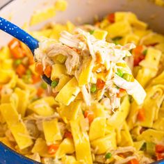 a blue pot filled with pasta and chicken