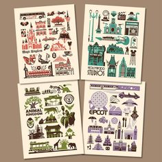 three posters with different types of travel and attractions on them, one is for the city