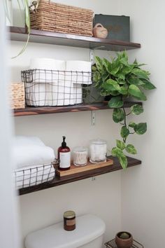 a bathroom with two shelves holding towels, toilet paper and a potted plant in the corner