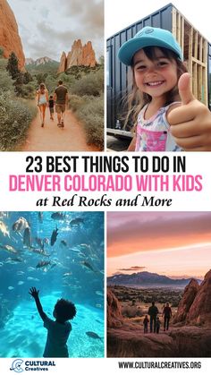 A family-friendly collage for 23 Best Things to Do in Denver Colorado with Kids at Red Rocks and More, featuring a family hiking in Red Rocks, a smiling child giving a thumbs-up, an aquarium scene with fish, and a family enjoying a sunset in the mountains. Colorado Family Trip, Things To Do In Denver With Kids, Denver With Kids Summer, Best Things To Do In Denver, Denver Colorado With Kids, Denver With Kids, Colorado With Kids, Learn About Dinosaurs, Denver Activities