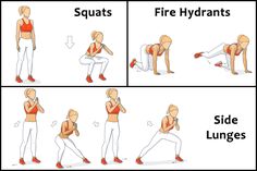 a woman doing squats with the words squats and side lunges on her chest