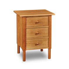 a wooden nightstand with three drawers on one side and an open drawer on the other