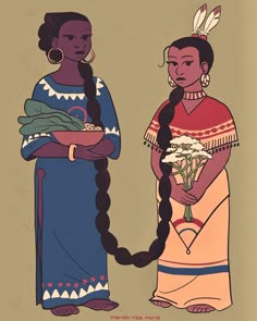 two native american women standing next to each other, one holding a bouquet and the other looking at her