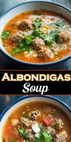 two bowls of soup with meatballs and vegetables