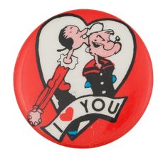 a red and white button with an image of two cartoon characters kissing each other on it