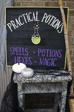 a sign that says practical bottoms spells, pots and hexes magic on it