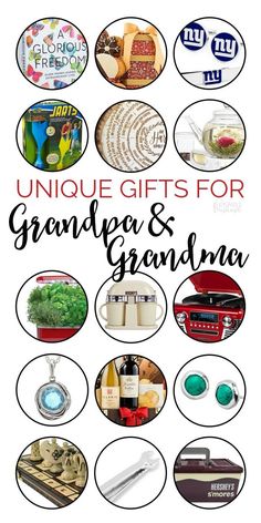 the words unique gifts for grandpa and grandma are shown above pictures of food, wine, and other things