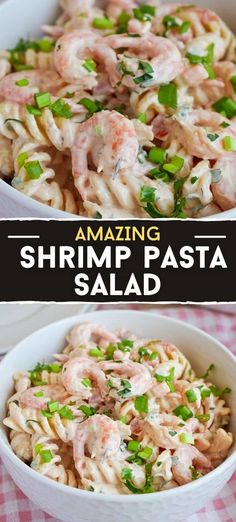 shrimp pasta salad in a white bowl on a checkered tablecloth