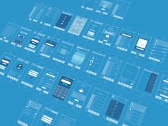 a blue background with many different types of electronic devices and numbers on the top right hand corner