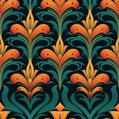 an art deco wallpaper pattern with orange and green flowers on black background stock photo