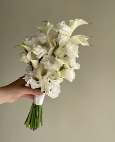 a hand holding a bouquet of white flowers