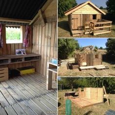 several pictures of the inside and outside of a wooden shed with benches, windows, and storage compartments