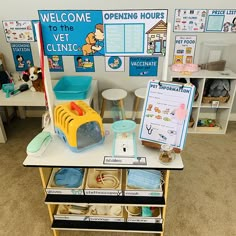 a child's play room with toys and posters on the wall, including a welcome sign