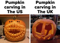 two pumpkins carved to look like they are carving in the uk and pumpkin carving in the us