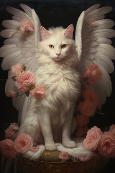 a white cat with angel wings and pink roses