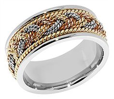 two tone gold and silver wedding band with braiding on the inside, set in 18k white gold