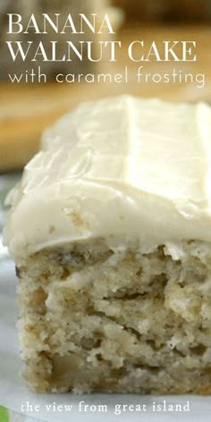 banana walnut cake with caramel frosting on a plate