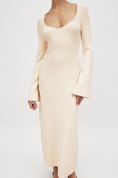 Fine Knitted Trumpet Sleeve Midi Dress Offwhite Elegant Ribbed Beige Sweater Dress, Elegant Beige Ribbed Sweater Dress, Beige Bell Sleeve Dress, Beige Stretch Midi Dress, Elegant Midi-length Cream Sweater Dress, Elegant Cream Midi Sweater Dress, Elegant Beige Midi Sweater Dress, Beige Bodycon Midi Sweater Dress, Cream Ribbed Midi Sweater Dress