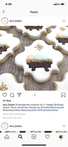 the cookies are decorated with gold and white icing