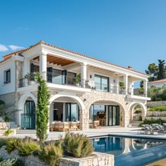 a large house with a pool in front of it