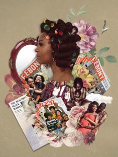 a collage of magazines and photos with an image of a woman's face