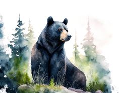 a painting of a bear sitting on top of a rock in the grass and trees