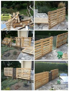 several pictures of different types of wooden pallets in various stages of being used to build a fence