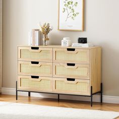 Modern Style Dresser: Enhance your space with our modern oak dresser, featuring woven rattan, sturdy wooden legs, and elegant golden handles. 6 Drawer Tall Dresser, Rattan Dresser, Farmhouse Storage Cabinets, Tall Chest Of Drawers, Fabric Dresser, Dresser For Bedroom, Mid Century Modern Dresser, Dresser Organization, Wood Storage Cabinets