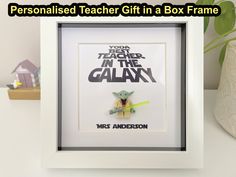 a personalised teacher gift in a box frame with an image of yoda from star wars