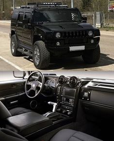 the interior and dashboard of a black hummer with chrome rims is shown before and after being cleaned