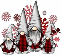 three gnomes sitting next to each other with snowflakes in the back ground