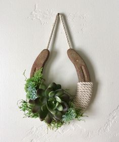 a succulent wreath hanging on a wall with rope and wooden scissors attached to it