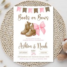 THIS LISTING IS FOR A DIGITAL PRODUCT ONLY.  NOTHING WILL BE SHIPPED TO YOU :) Demo this item now! Copy and paste the URL below to demo: https://www.corjl.com/d/CPPM For more Boots or Bows themed items click here: https://www.etsy.com/shop/ThatsAWrapFavors?ref=seller-platform-mcnav&search_query=boots Edit your items at Corjl.com right after purchasing. - No waiting! You'll have access to your item right after purchasing. - No need to download any software. Personalize this item right in your bro Horse Theme Gender Reveal, Boots Or Bows Gender Reveal Invitations, Boots And Bows Baby Shower Ideas, Gender Reveal Ideas Western Theme, Gender Reveal Ideas Boots Or Bows, Bows Or Boots Gender Reveal, Boots And Bows Gender Reveal Decorations, Boots Or Bows Gender Reveal Decorations, Boots And Bows Gender Reveal