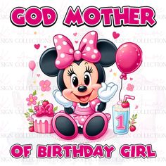 a minnie mouse birthday card with the number one on it and balloons in the air