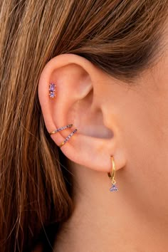 Purple Ear Piercings, Earrings Purple, Purple Earring Stack, Purple Earrings Aesthetic, Purple Earring, Purple Piercings, Cute Earrings Aesthetic, Gold Bad, Earrings Aesthetic