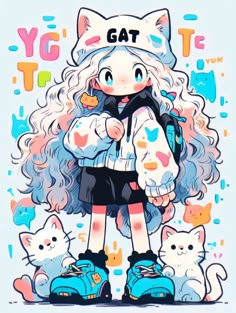 a drawing of a girl with cats around her