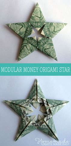 dollar bill origami stars with the words modular money origami star