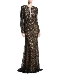 B43FR Naeem Khan Beaded Long-Sleeve Illusion Gown Illusion Gown, Beaded Tulle, Sequin Gown, Ladies Dress Design, Bergdorf Goodman, Designer Outfits Woman