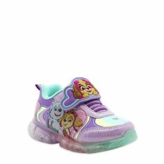 Paw Patrol Toddler Girl Light-up Athletic Sneaker, Size 7 She’s going to be ready for adventure day or night in these adorable lighted athletic shoes featuring her favorite characters from Nickelodeon’s Paw Patrol.  The pink lighted TPR upper features Sky and Everest on the side, panels of shimmery, gasoline material, and heart and paw icons, while the lighted, multi-colored translucent TPR bottom incorporates lights as well. The easy-on/easy-off design includes elastic laces, an adjustable hook Girls Shoes Sneakers, Paw Patrol Nickelodeon, Light Up Shoes, Elastic Laces, Girls Sneakers, Sneaker Heels, Athletic Sneakers, Side Panels