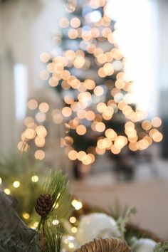 a christmas tree with lights in the background and a pine cone sitting on top of it