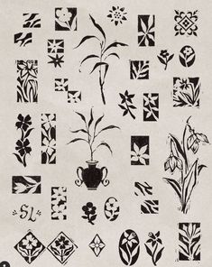 an old black and white drawing of flowers in vases, with designs on them