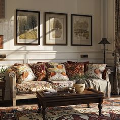 a living room filled with furniture and paintings on the wall above it's windows