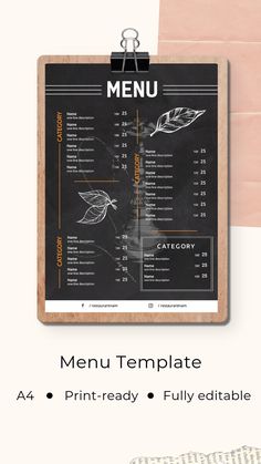 a menu is shown on a clipboard with the words menu template in black and white